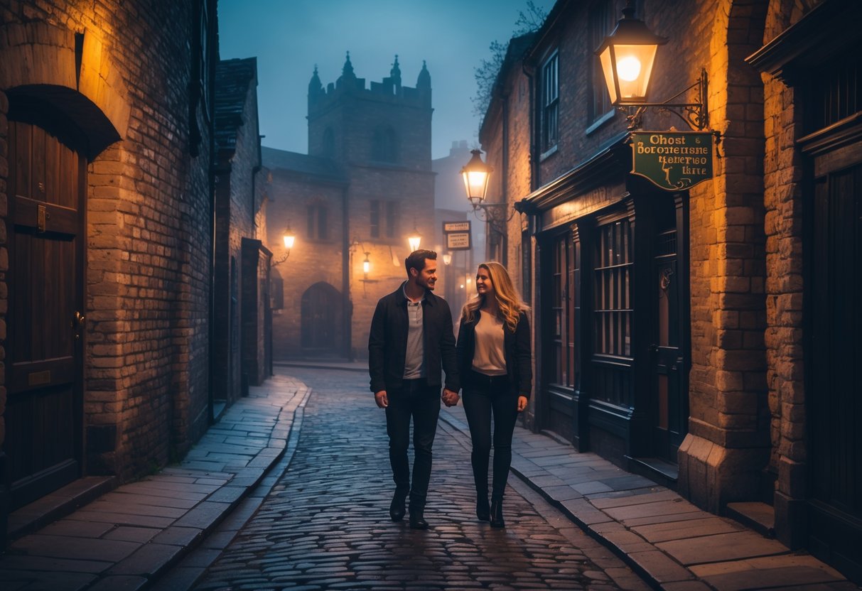 A couple walking hand in hand along misty cobblestone streets lined with old brick buildings and glowing street lamps in York's historic district at dusk.