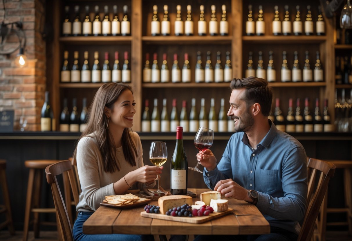 A young couple tasting wine together at a cozy wine bar with wooden shelves and a cheese platter on the table.