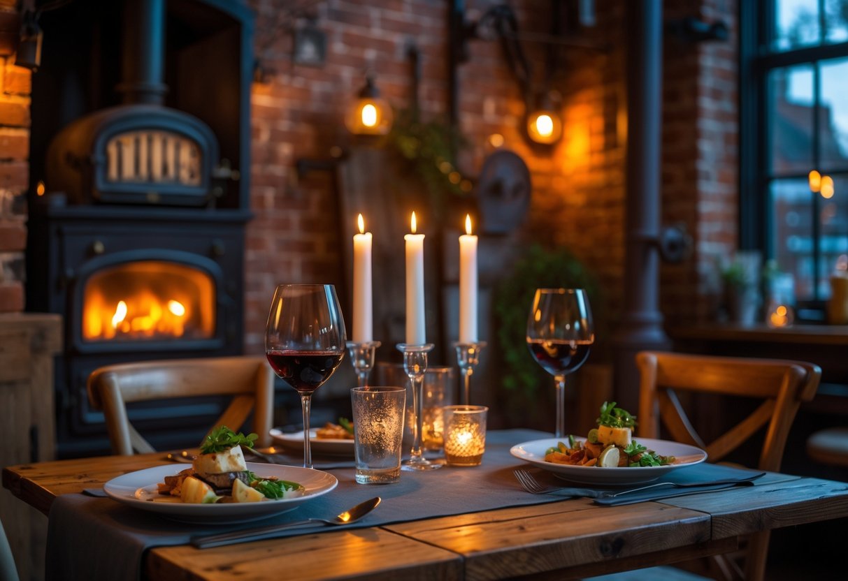 A cozy dinner table set for two with candles inside a firehouse restaurant featuring exposed brick walls and warm lighting.
