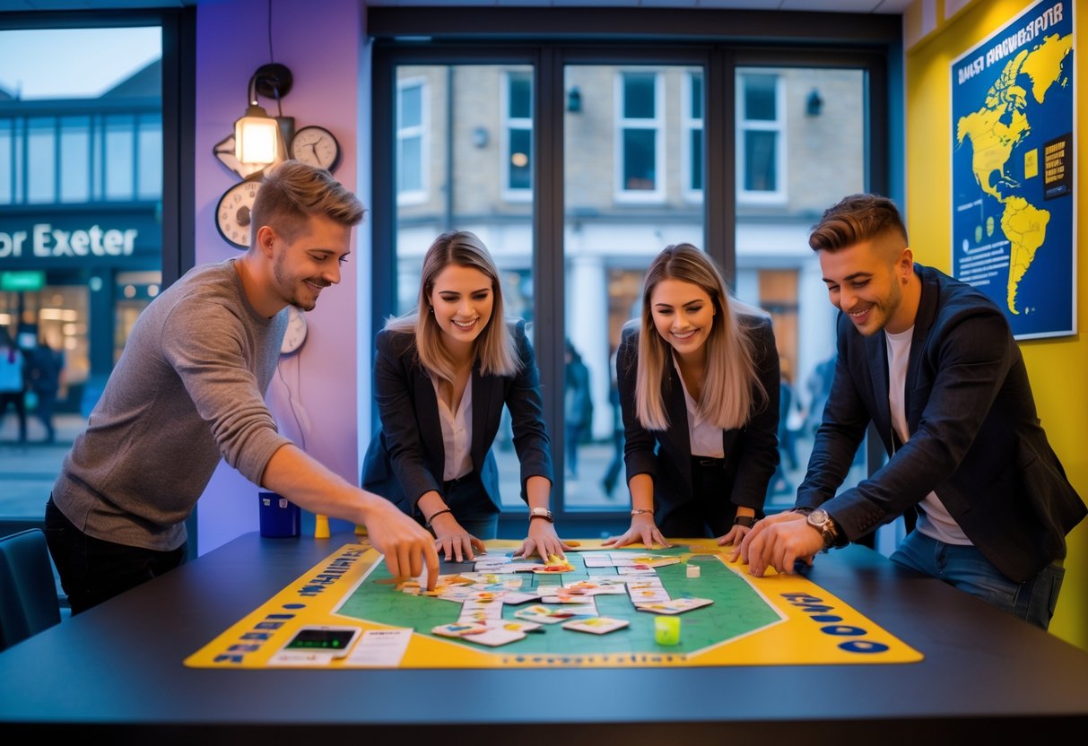 A group of young adults working together inside an escape room with city buildings visible through windows in the background.