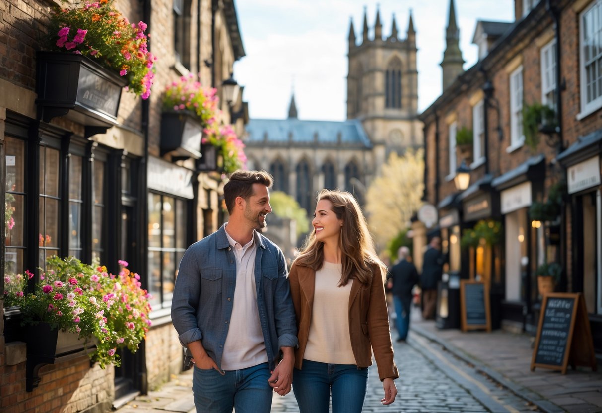 A young couple walking and smiling together on a cobblestone street in York with historic buildings and a cathedral in the background.