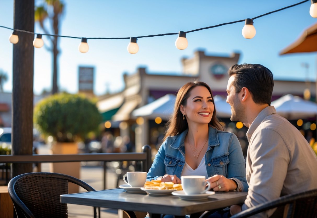 A woman smiling and talking with a companion at an outdoor café table on a sunny day.