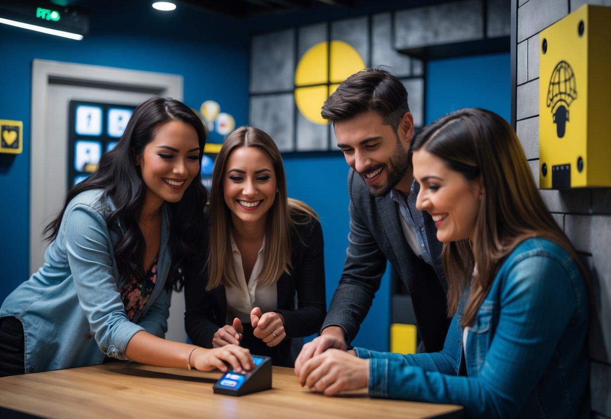 Two women and one man working together to solve puzzles in an escape room.