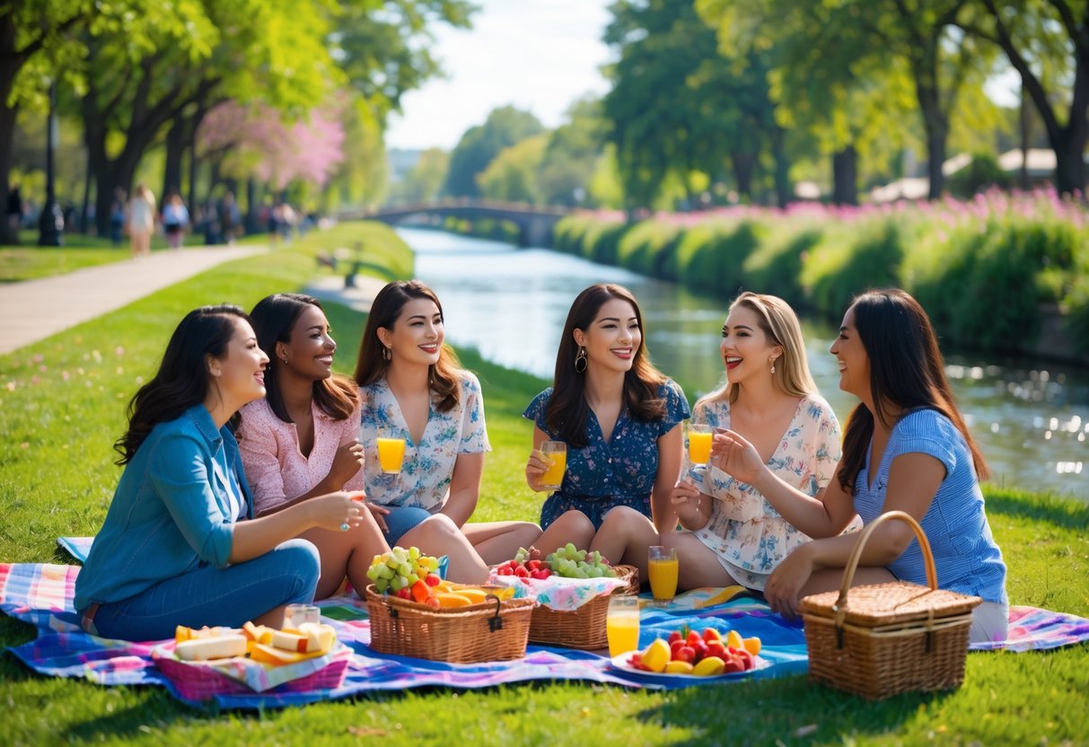 A group of women enjoying a picnic on a blanket at a green park by a river, surrounded by trees and flowers.