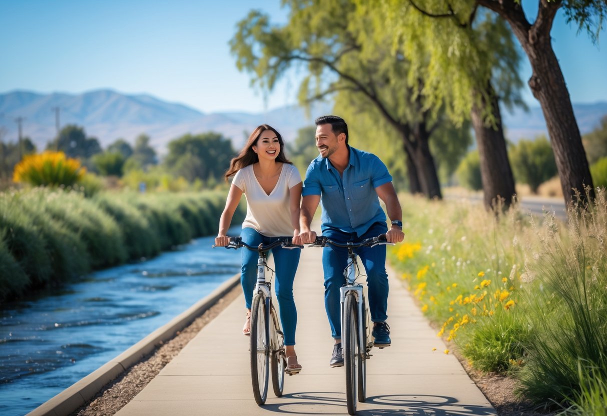 A smiling couple riding bikes together on a paved path beside a river surrounded by trees and hills.