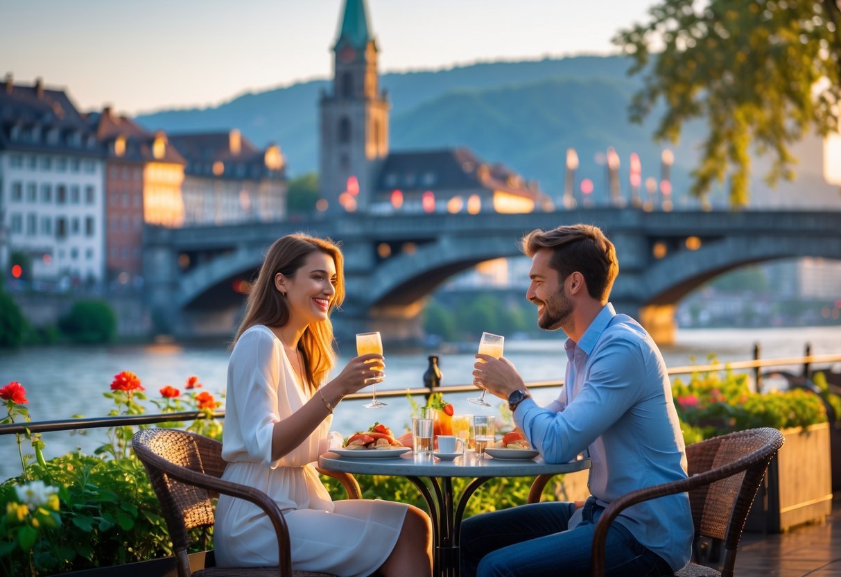 A young couple enjoying a romantic outdoor meal by the Rhine River with Basel city buildings and a bridge in the background.