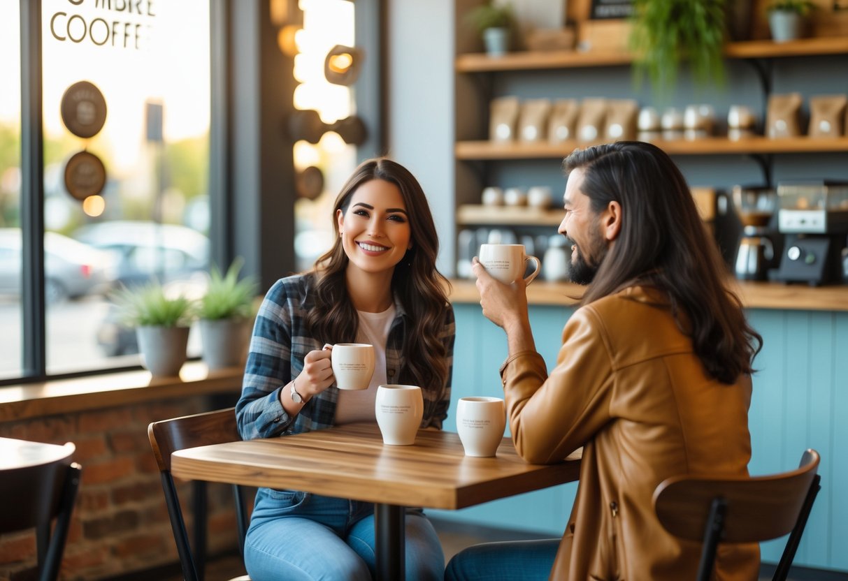 A woman and her date smiling and talking at a coffee shop table with coffee cups, sunlight coming through a window.