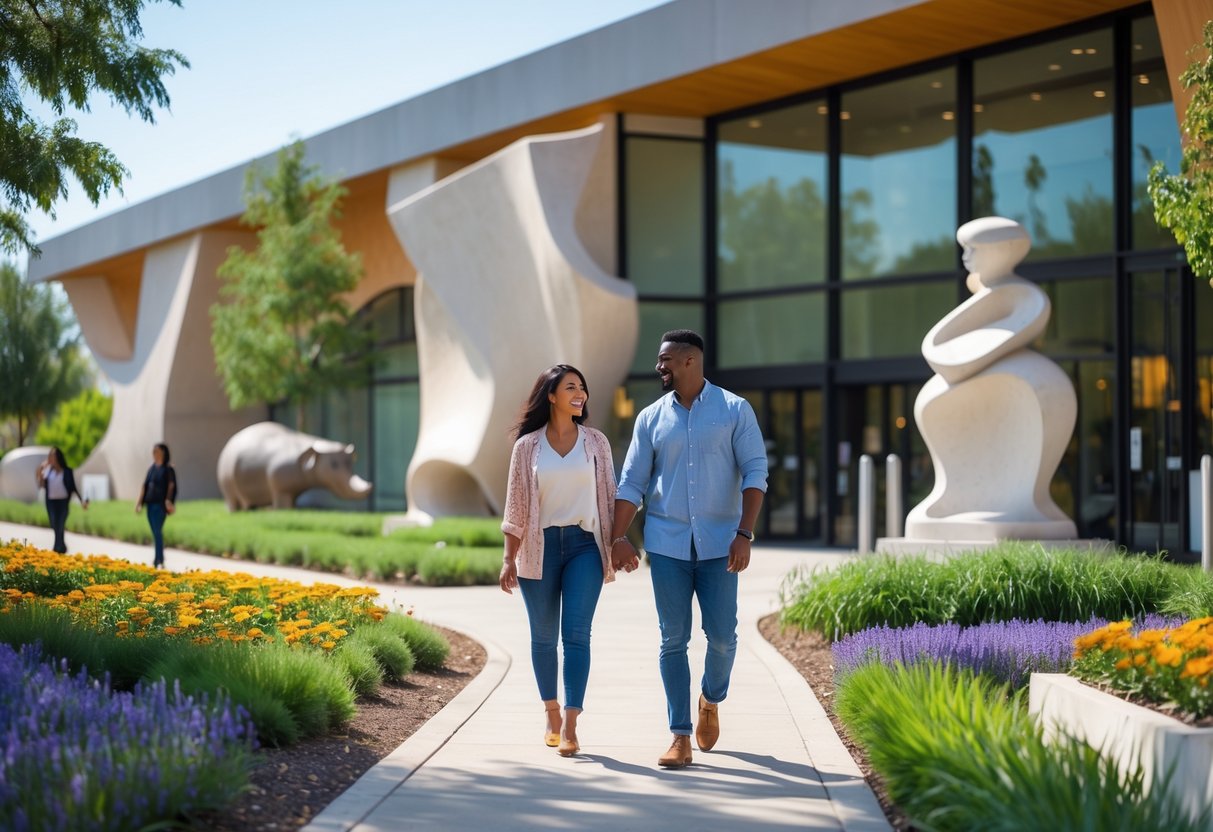 A couple walking hand-in-hand near the entrance of the Bakersfield Museum of Art on a sunny day, surrounded by greenery and sculptures.