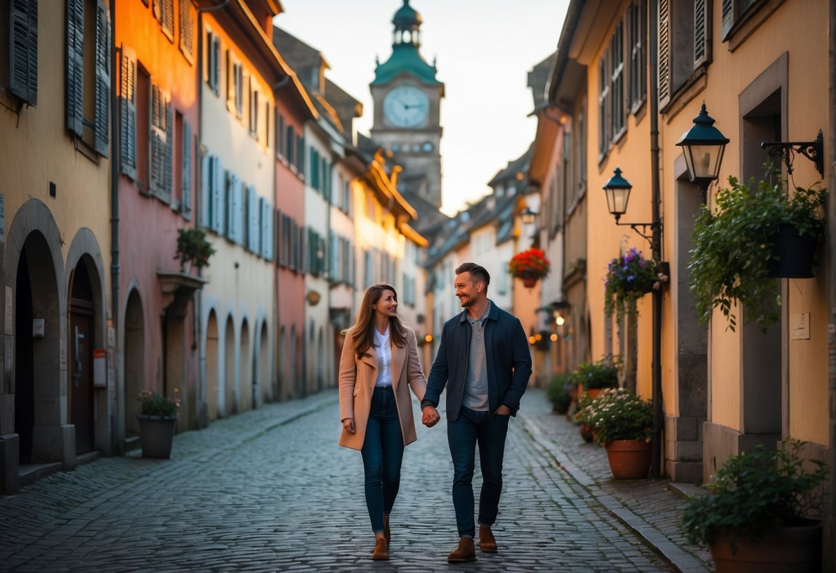 A young couple walking hand-in-hand along a cobblestone street in Basel’s Old Town with historic buildings and a clock tower in the background.