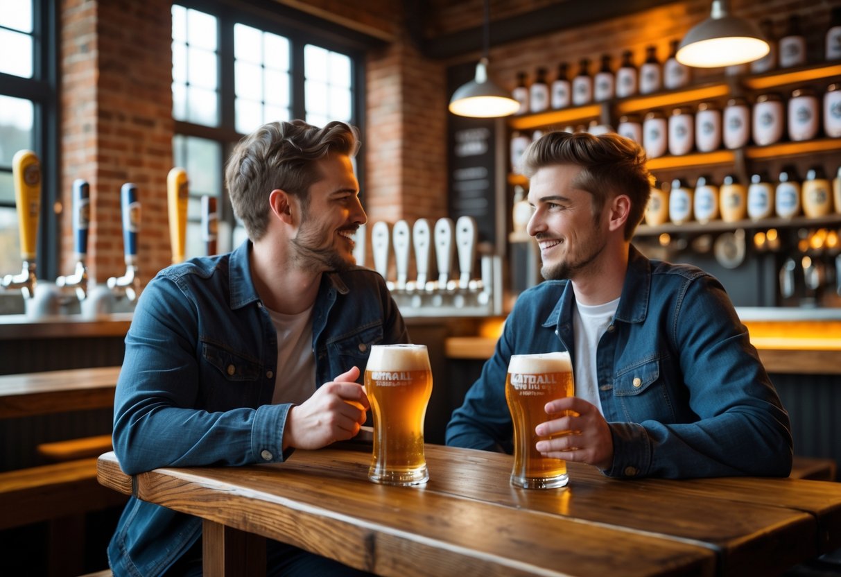 A young couple sitting at a wooden table inside a brewery, enjoying glasses of craft beer and smiling at each other.