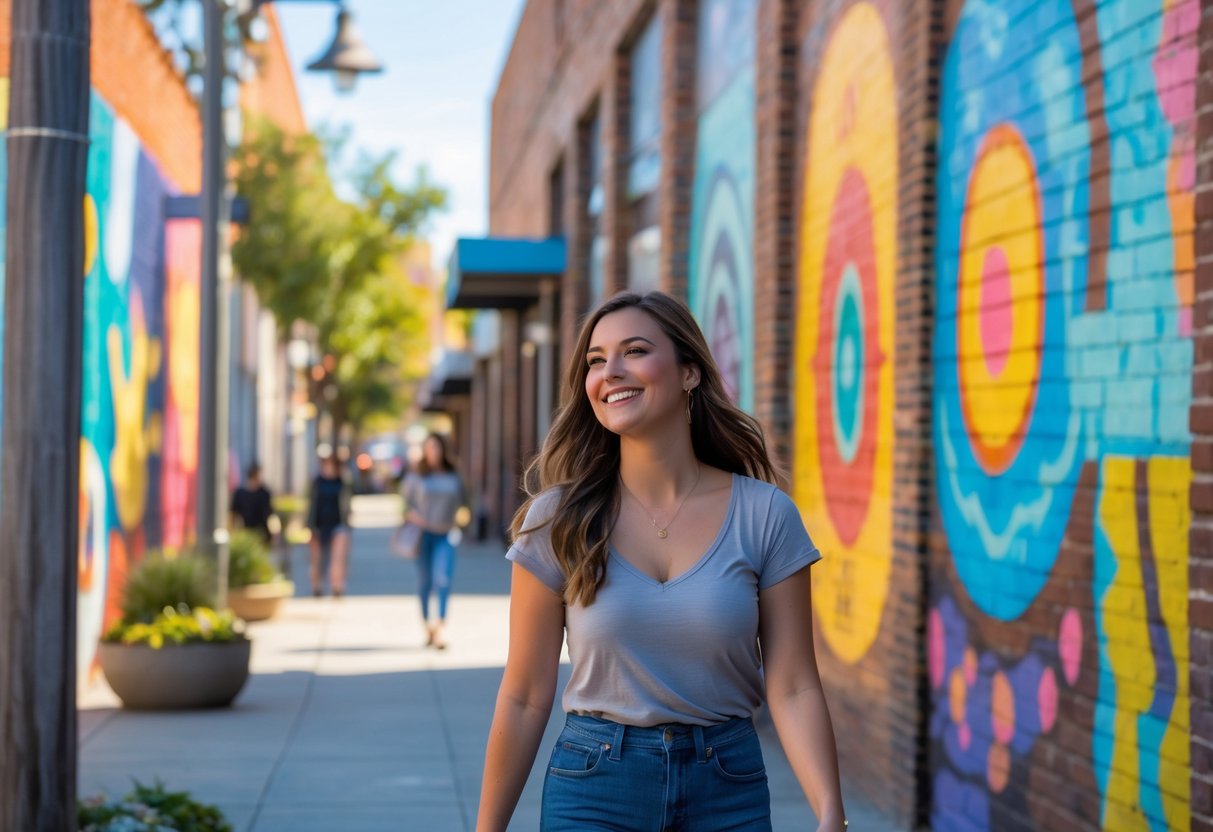 A young woman walking along a downtown street with colorful murals on the walls.