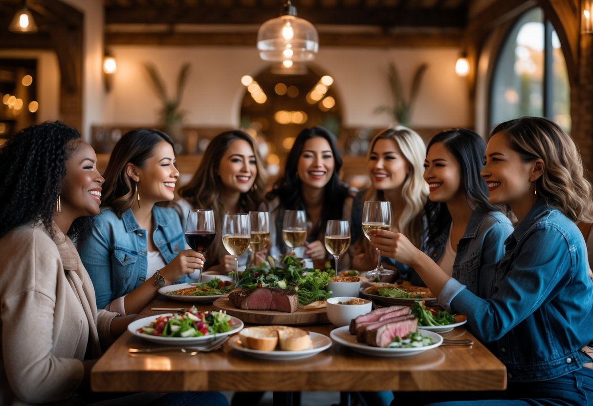 Women enjoying a friendly dinner together at a cozy restaurant with warm lighting and rustic decor.