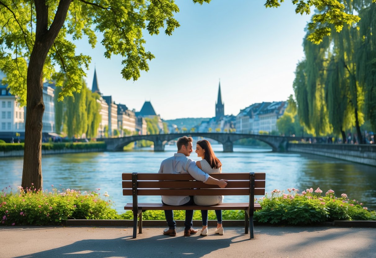 A couple sitting on a bench in a park overlooking the Rhine River and Basel cityscape on a sunny day.