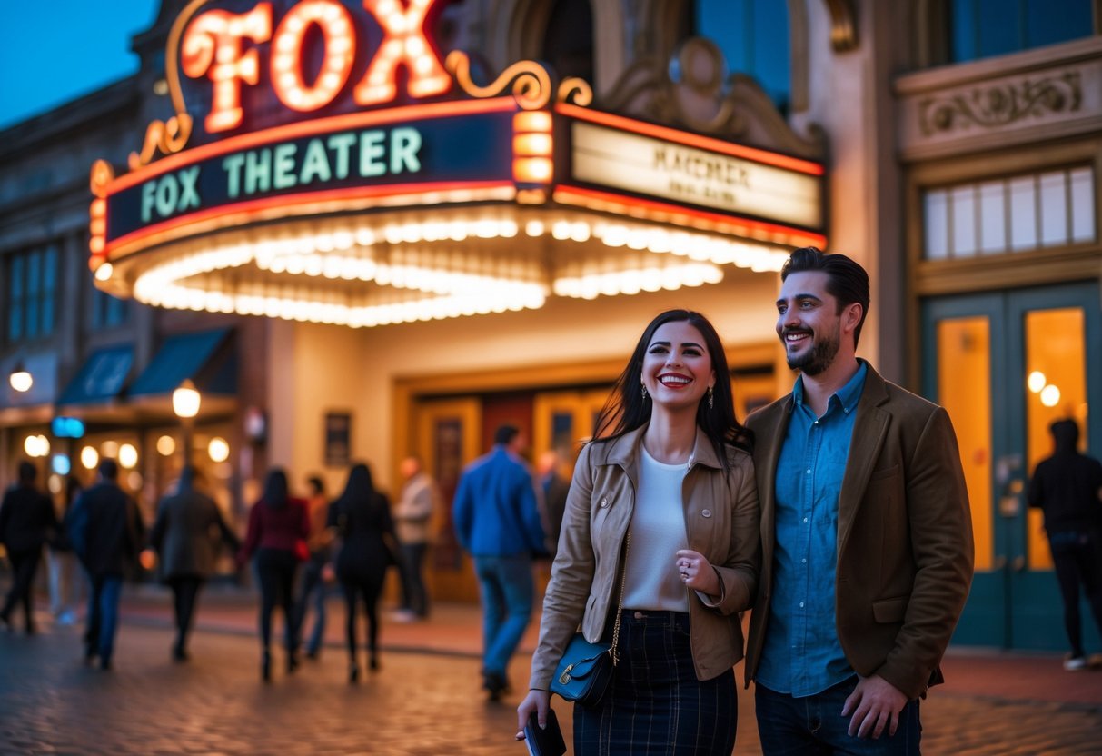 A young woman and her date standing outside the illuminated Fox Theater in Bakersfield, smiling and preparing to attend a live show.