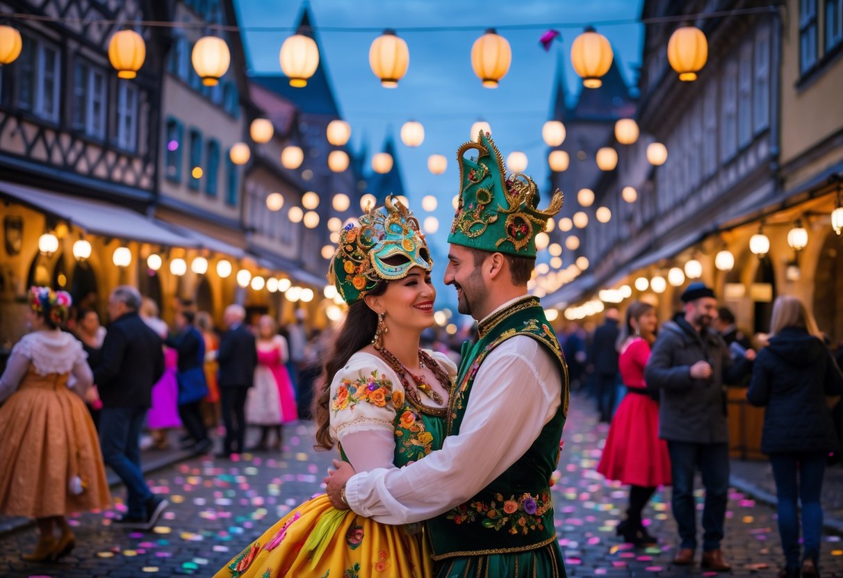 Couples enjoying Basel’s Fasnacht carnival in colorful traditional costumes on a cobblestone street with historic buildings in the background.
