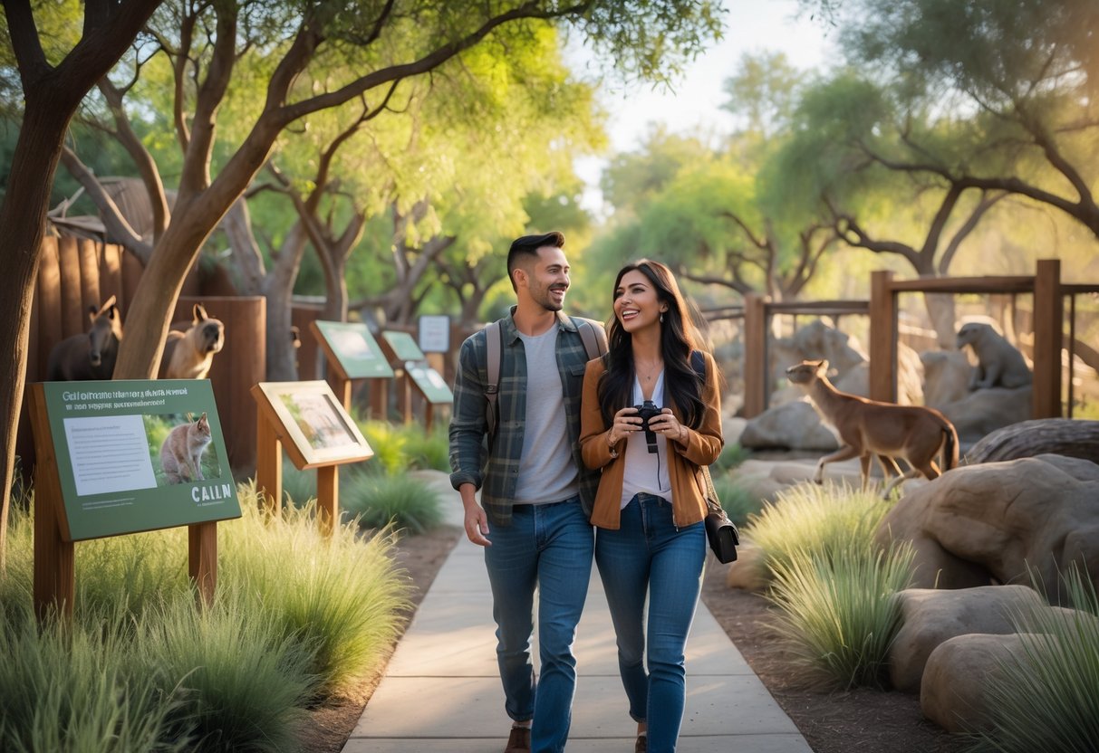 A young woman and her date walking along a path at an outdoor wildlife museum surrounded by trees and animal exhibits.