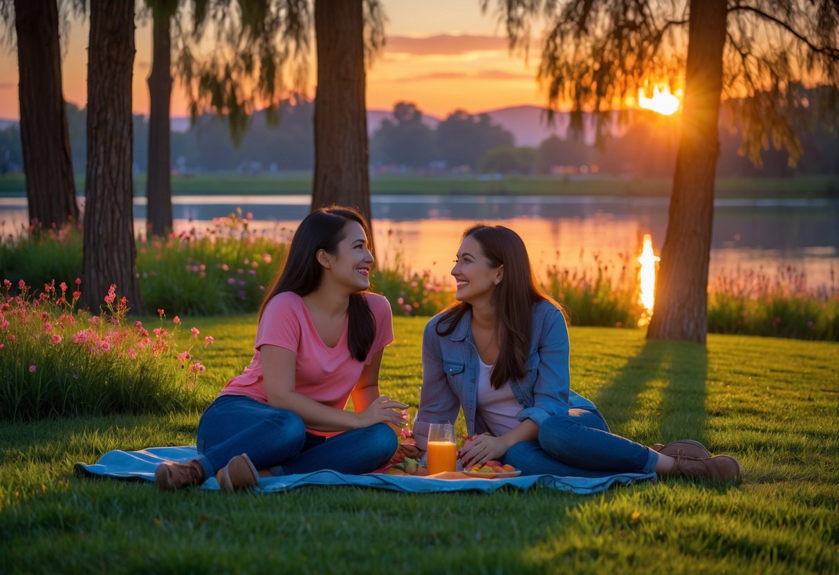 A woman and companion sitting on a picnic blanket at sunset in a park with trees and a lake in the background.