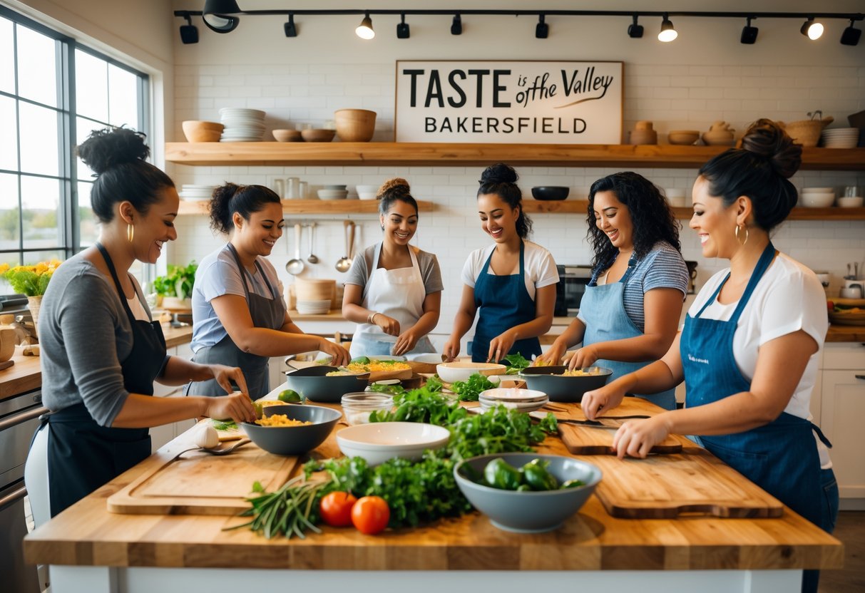 A group of women cooking together in a bright kitchen, preparing ingredients and enjoying a friendly cooking class.