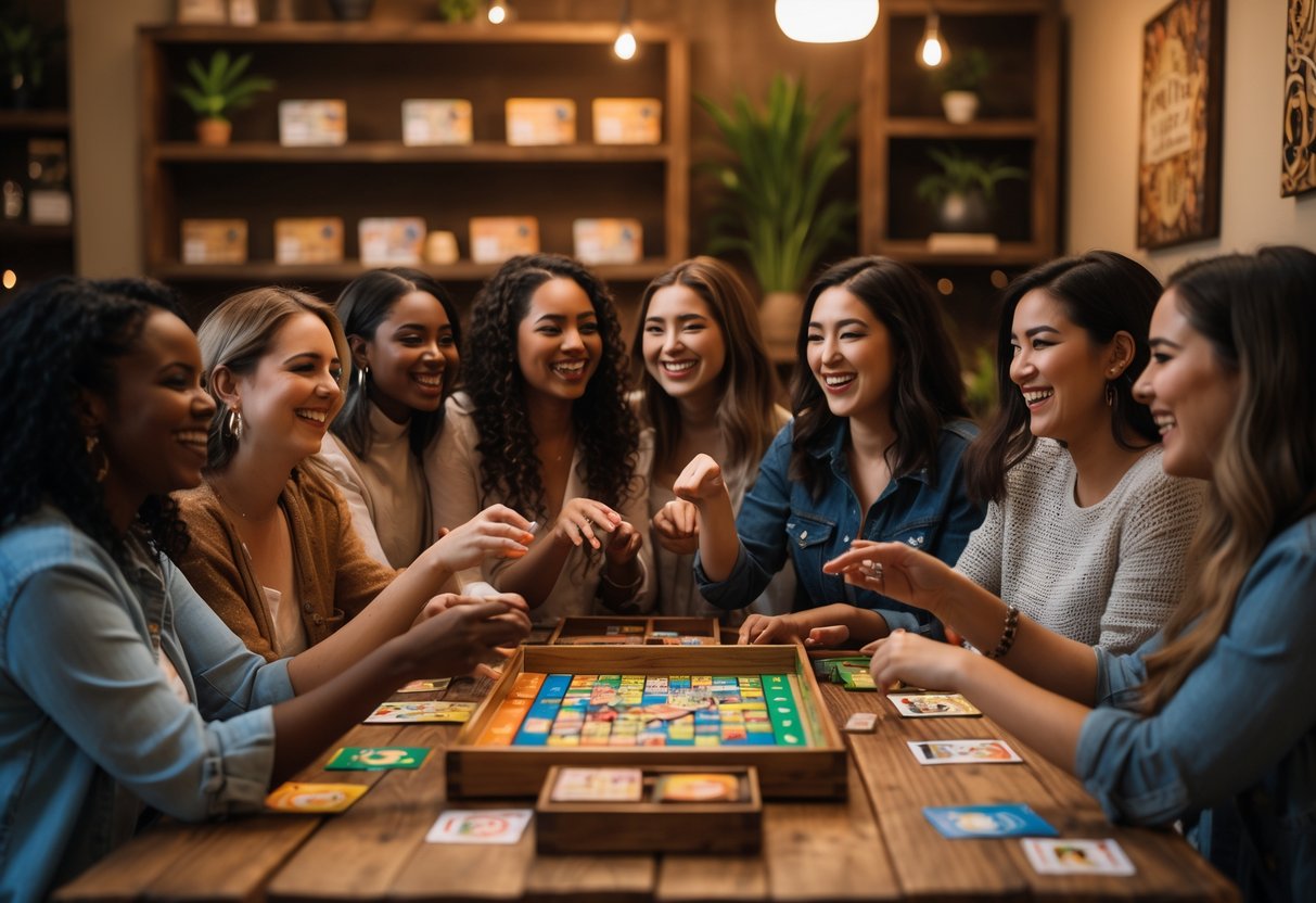 A group of women playing board games together around a wooden table in a cozy, warmly lit room.