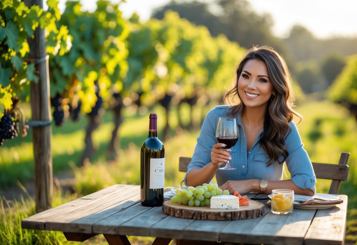 A woman sitting at a wooden table outdoors at a vineyard, holding a glass of red wine with grapevines in the background.