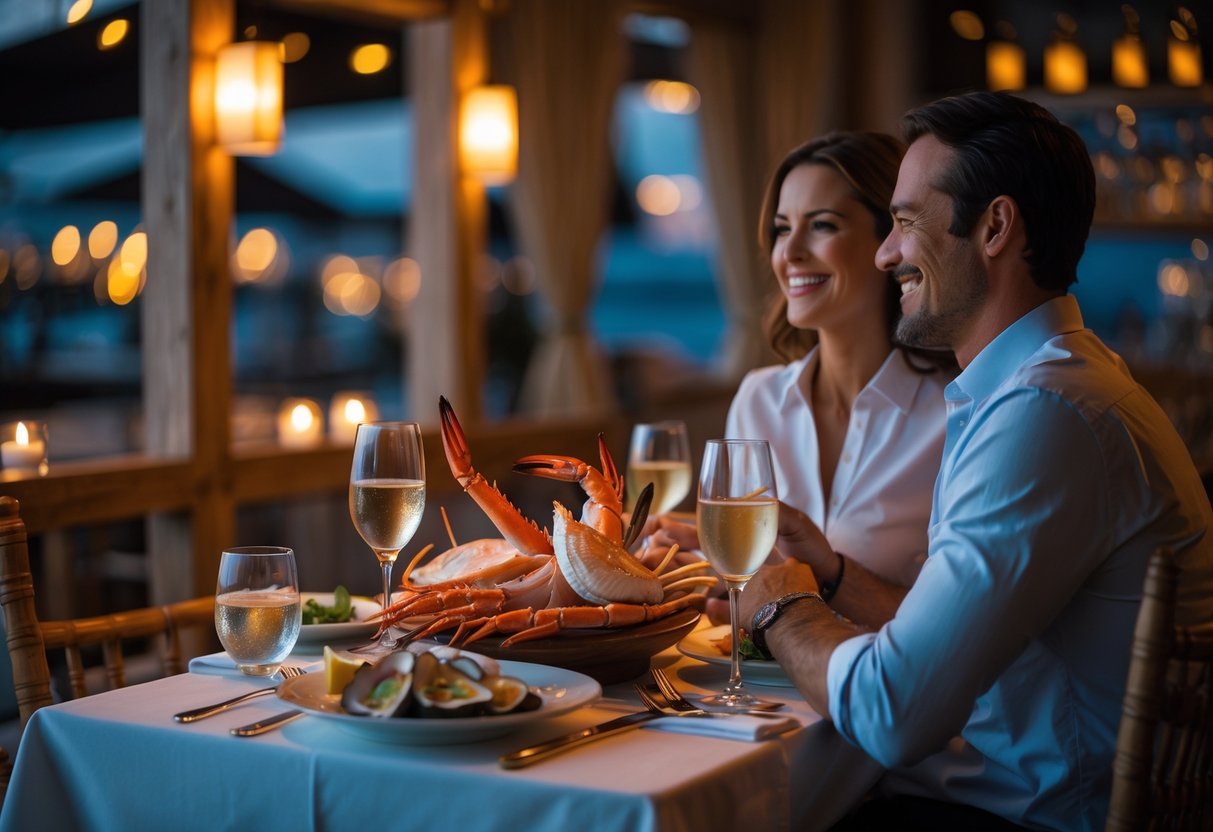 A couple enjoying a romantic seafood dinner at an elegantly set table in a warmly lit restaurant.