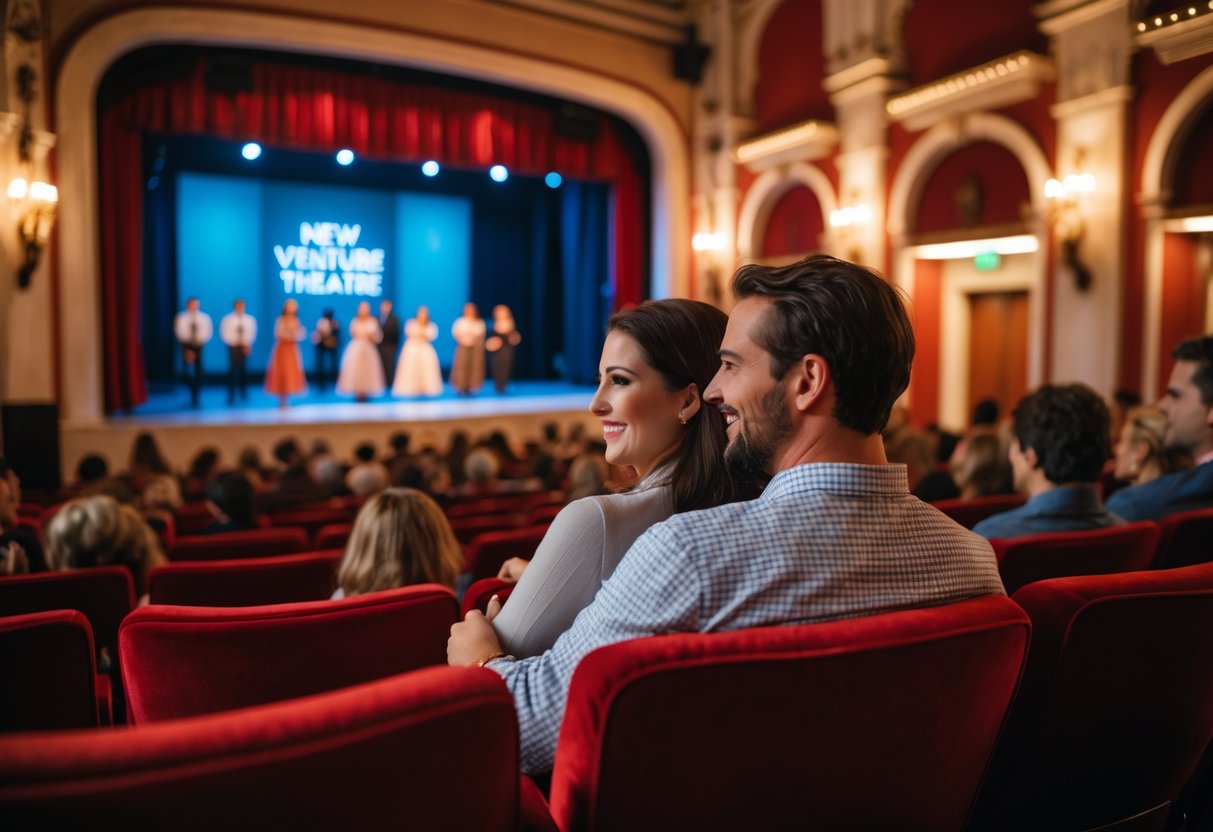 A couple seated together in a theater watching a live play on stage.