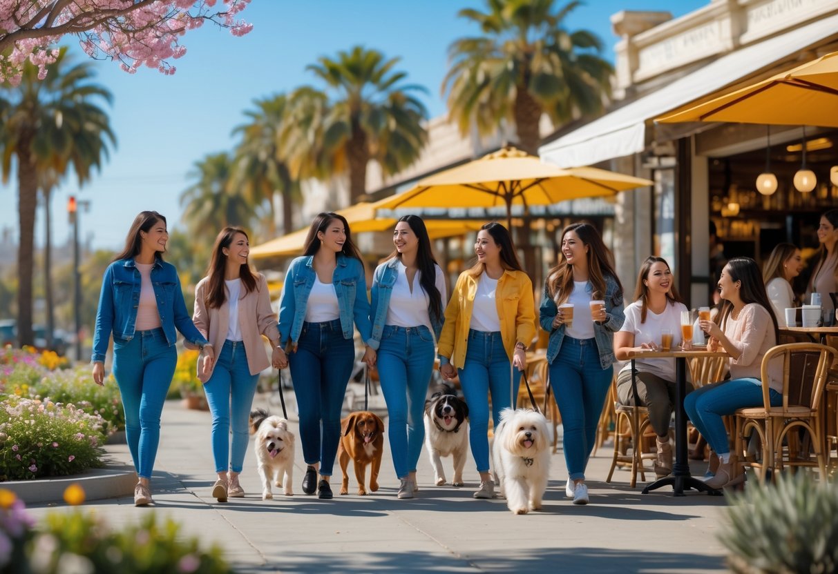 A group of women enjoying a sunny day in a park and outdoor café in Bakersfield, smiling and interacting warmly.