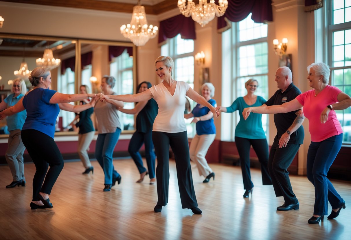 A group of adults participating in a partner dance class inside a bright ballroom with wooden floors and large windows.