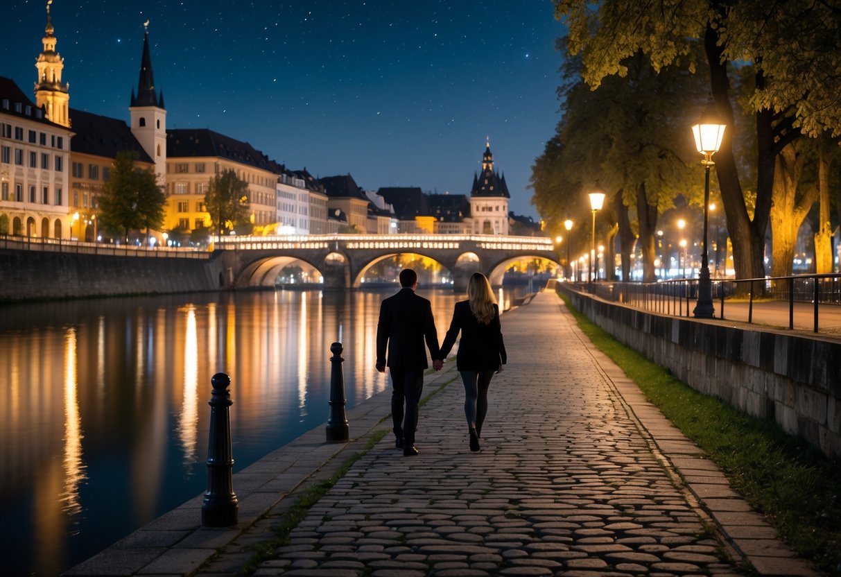 A couple walking hand-in-hand along the illuminated Rhine riverbanks in Basel at night with city buildings and bridges reflecting on the water.