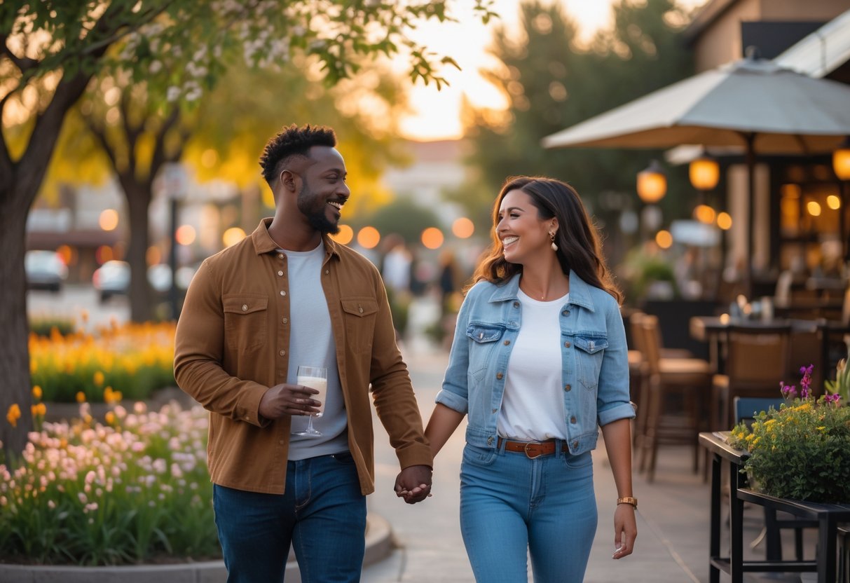 A couple walking and smiling together in a park with trees and flowers during sunset.