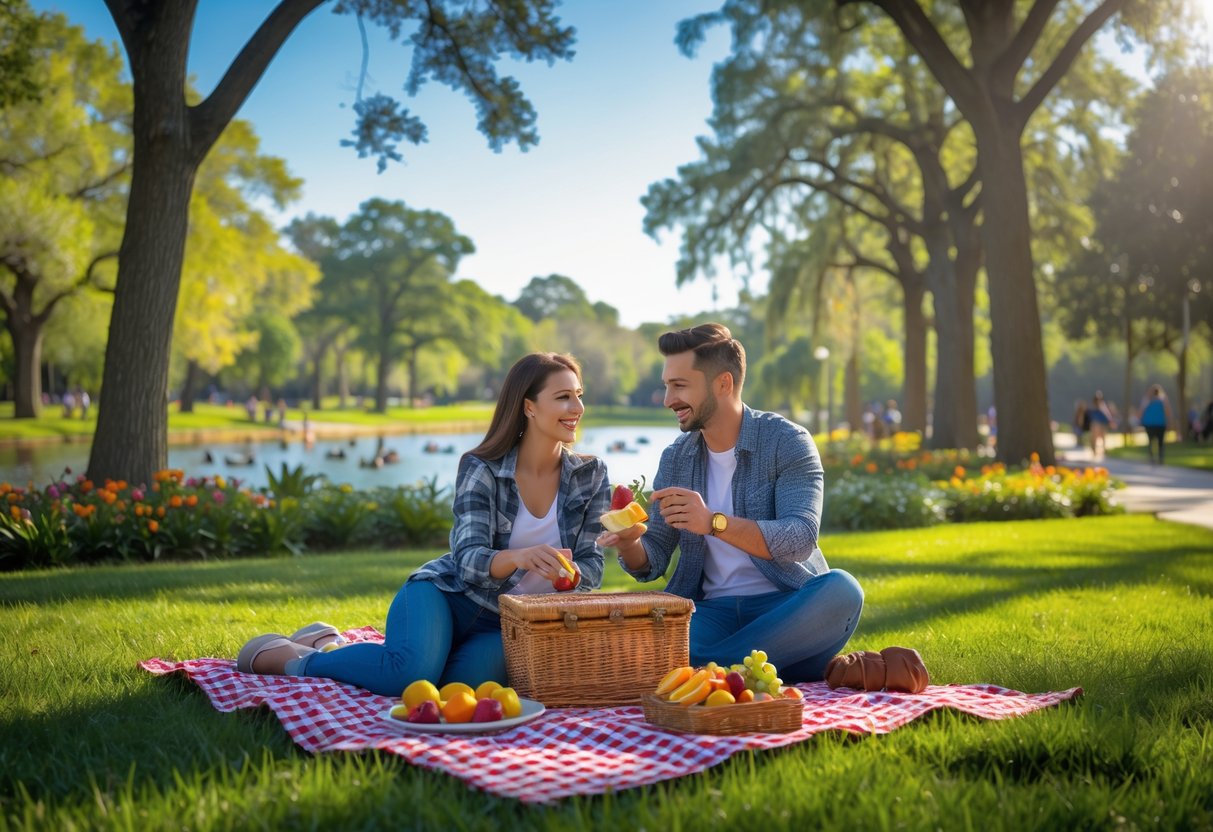 A young couple having a picnic on a blanket in a green city park with trees, flowers, and a pond in the background.
