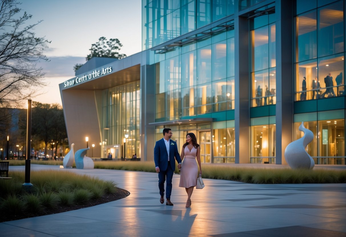 A couple walking hand-in-hand outside a modern arts center with sculptures and greenery around them.