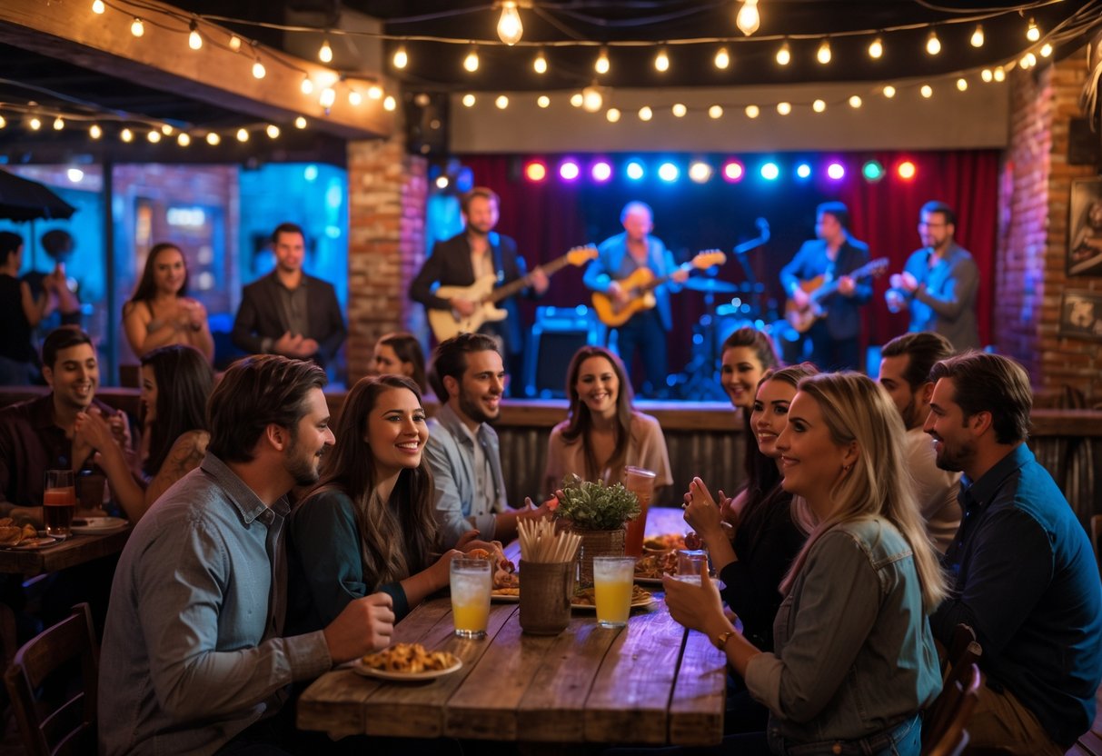Couples enjoying live music at a cozy venue with a band playing on stage and warm lighting.