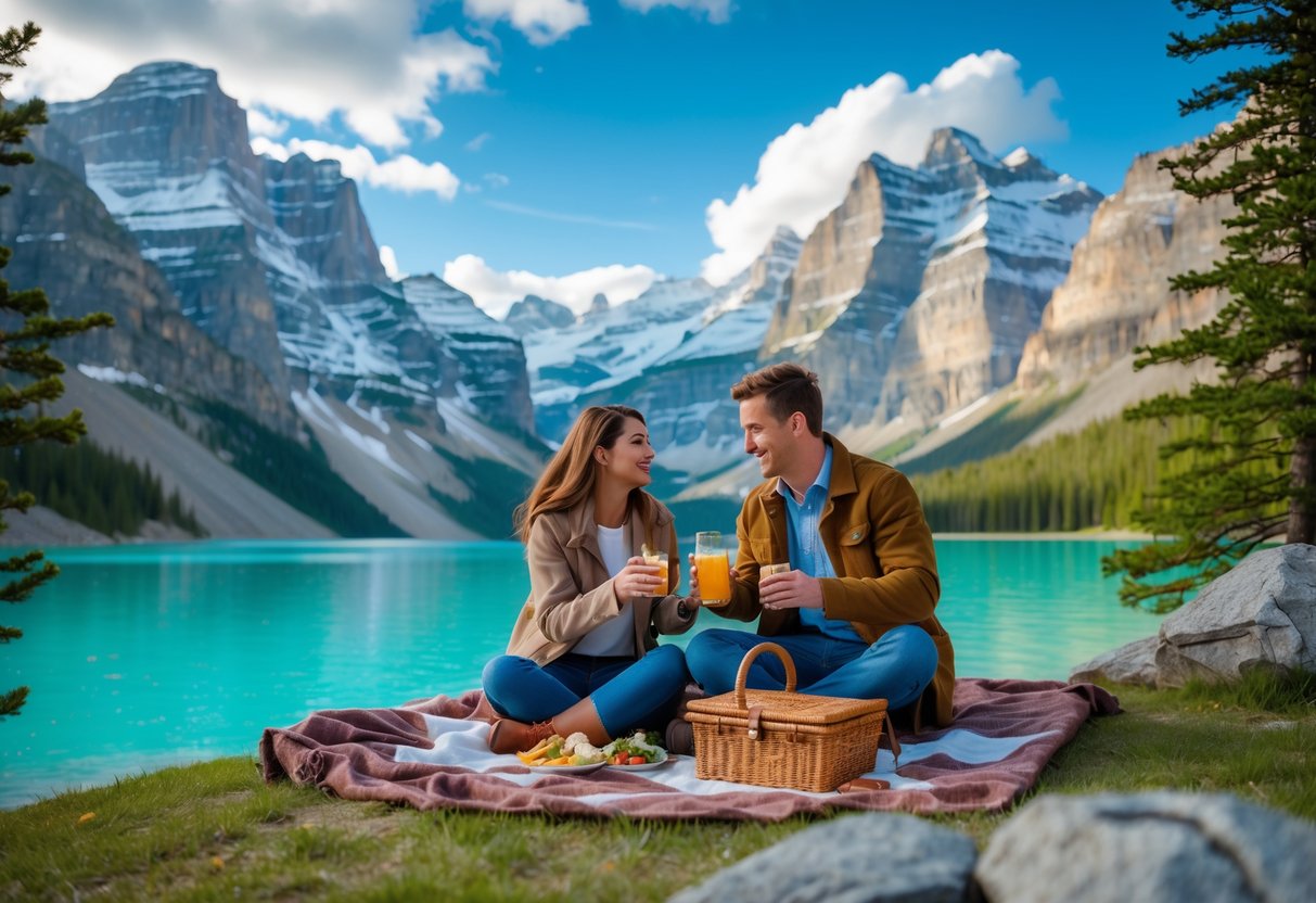 A couple having a picnic by a turquoise lake with snow-capped mountains and pine trees in the background.
