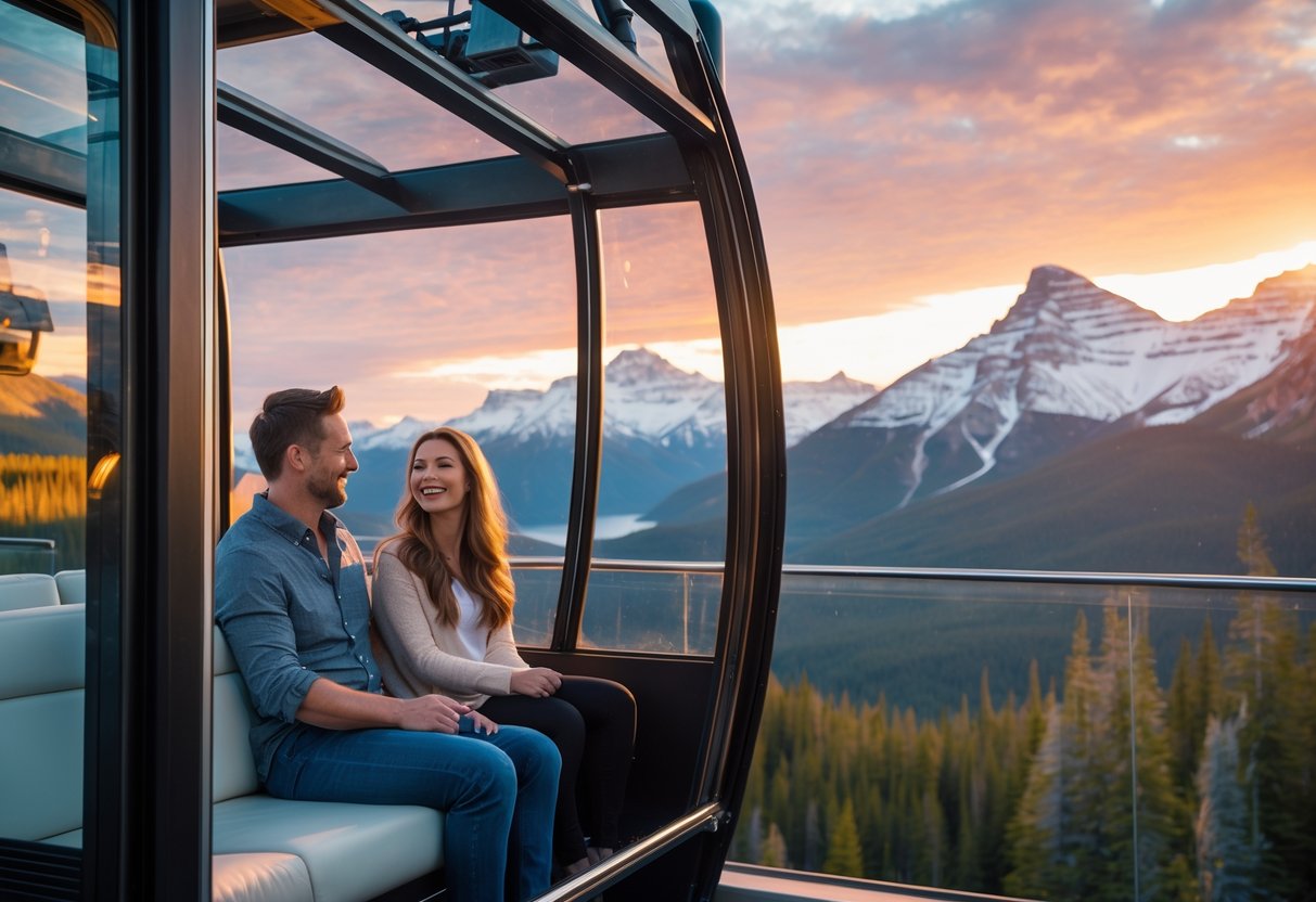 A couple enjoying a sunset gondola ride with mountain views at Banff Gondola.