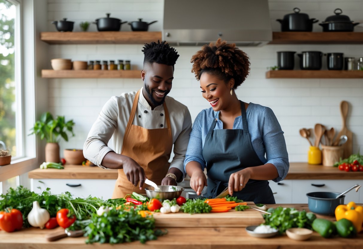 A couple cooking together in a bright kitchen, preparing fresh ingredients and smiling as they enjoy a cooking class.
