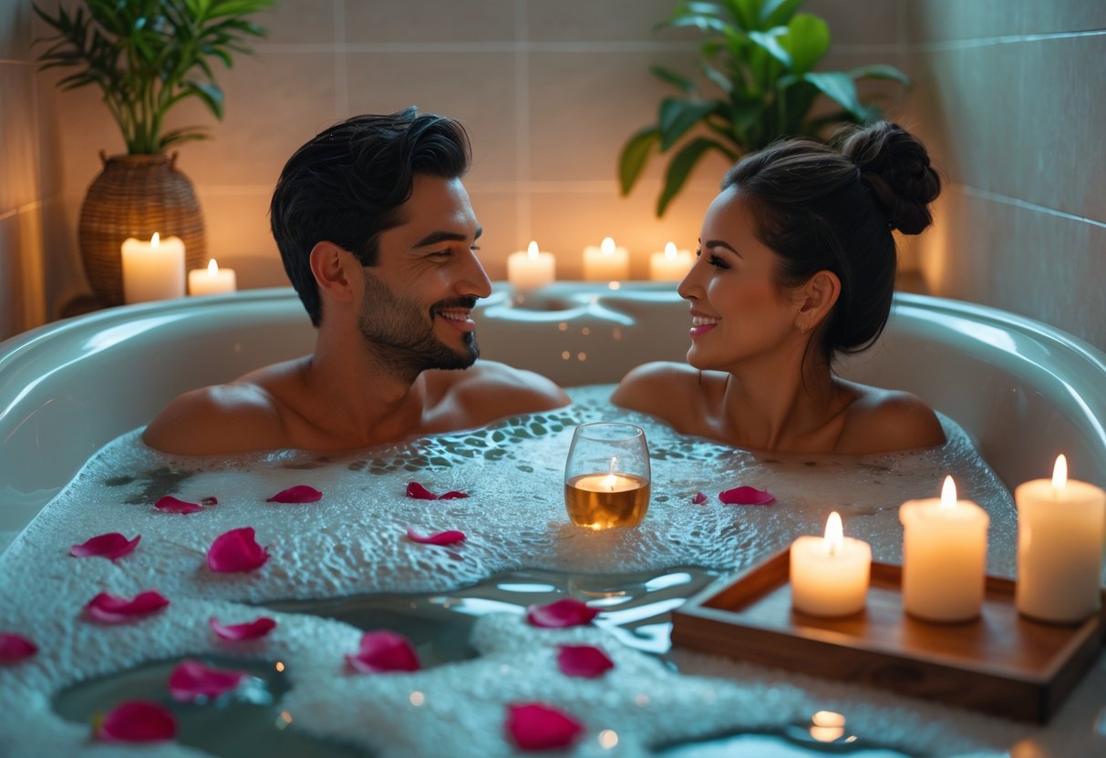 A couple enjoying a warm bubble bath together in a softly lit bathroom with candles and rose petals.
