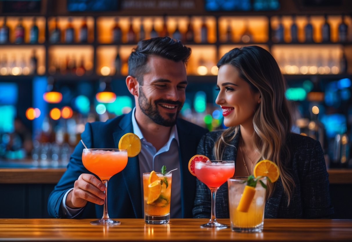 A couple enjoying cocktails together at a bar with warm lighting and a cozy atmosphere.