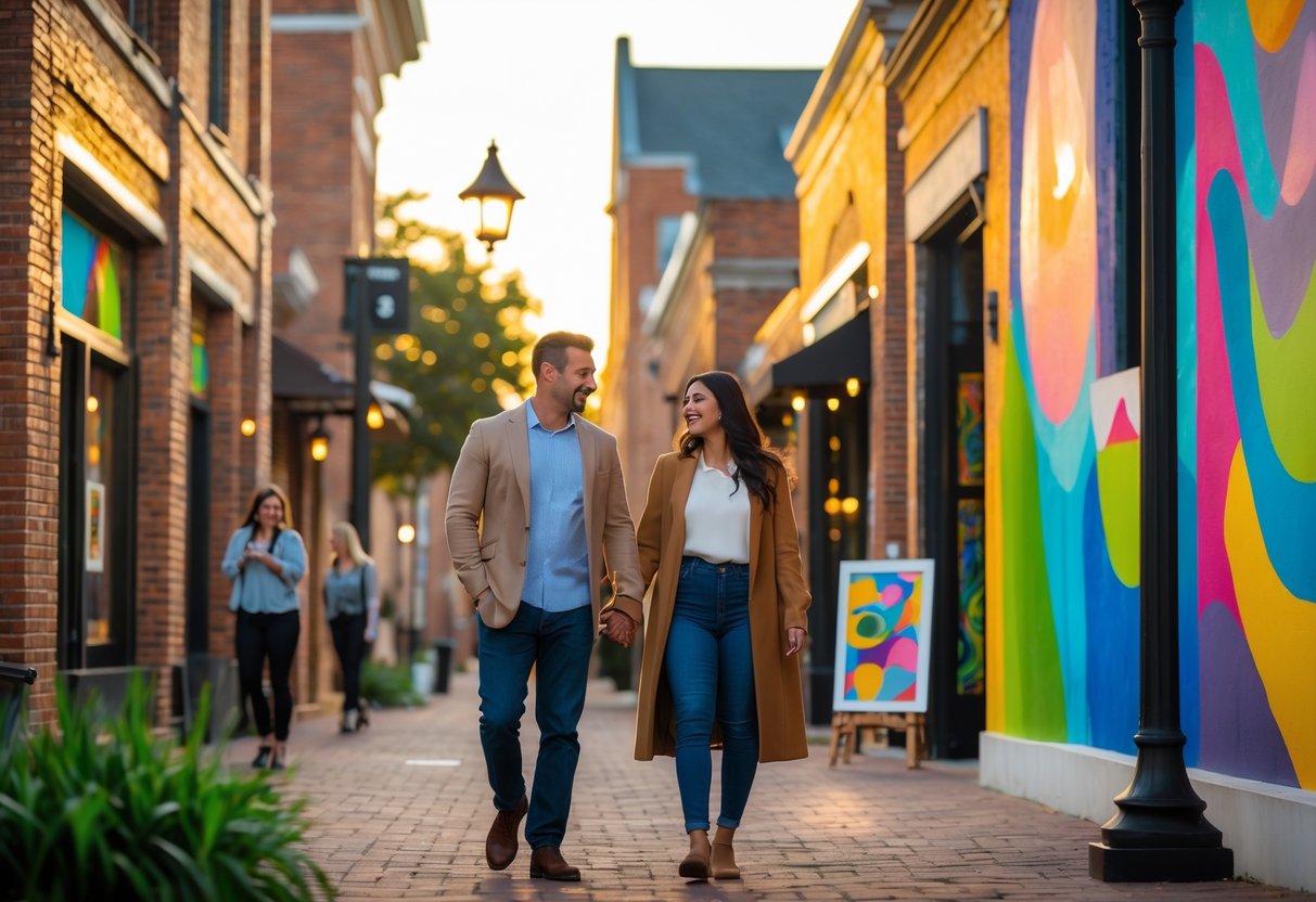 A couple walking hand-in-hand along a lively street lined with colorful murals and art installations in an urban arts district.