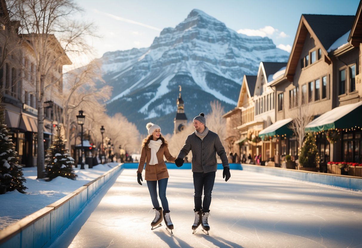A couple ice skating hand in hand outdoors on a winter day with snow and mountains in the background.