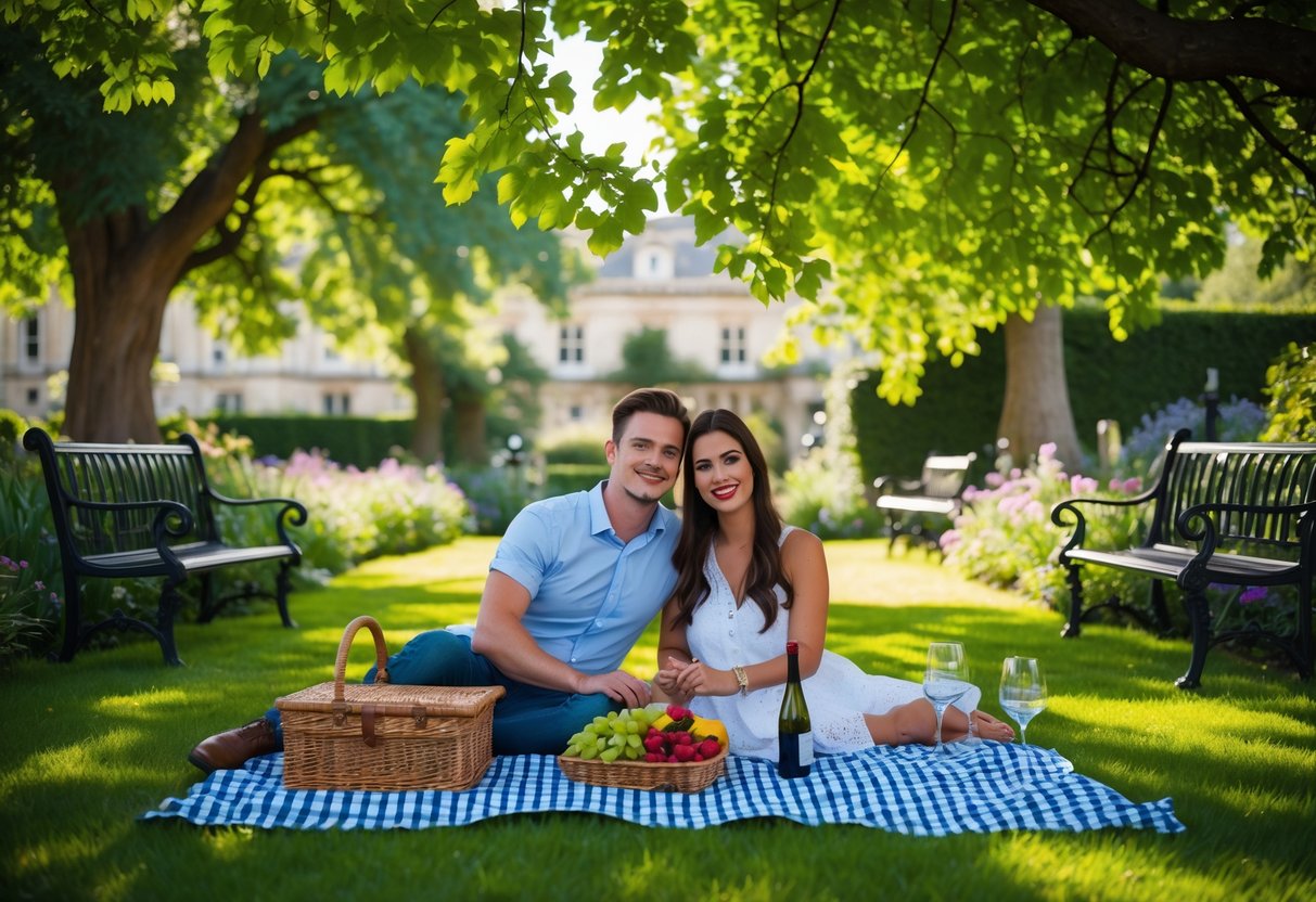 A couple having a picnic on a blanket in a green garden with trees and flowers.