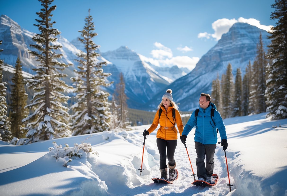 A couple snowshoeing on a snowy trail in a mountainous forest landscape.