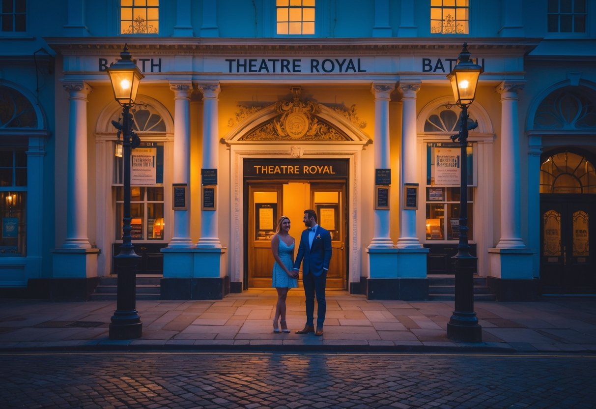 A couple standing outside the Theatre Royal in Bath at dusk, holding hands and preparing to see a show.