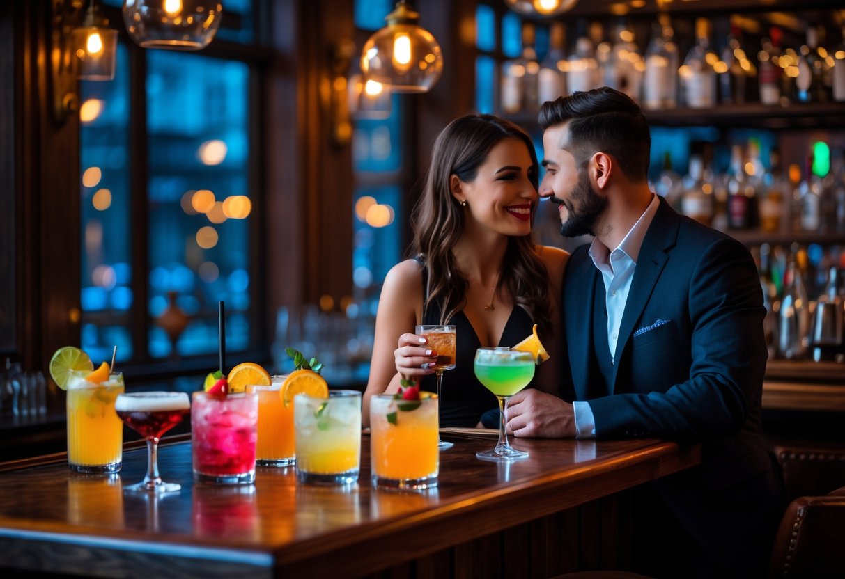 A couple enjoying cocktails together at a cozy bar with warm lighting and wooden decor.