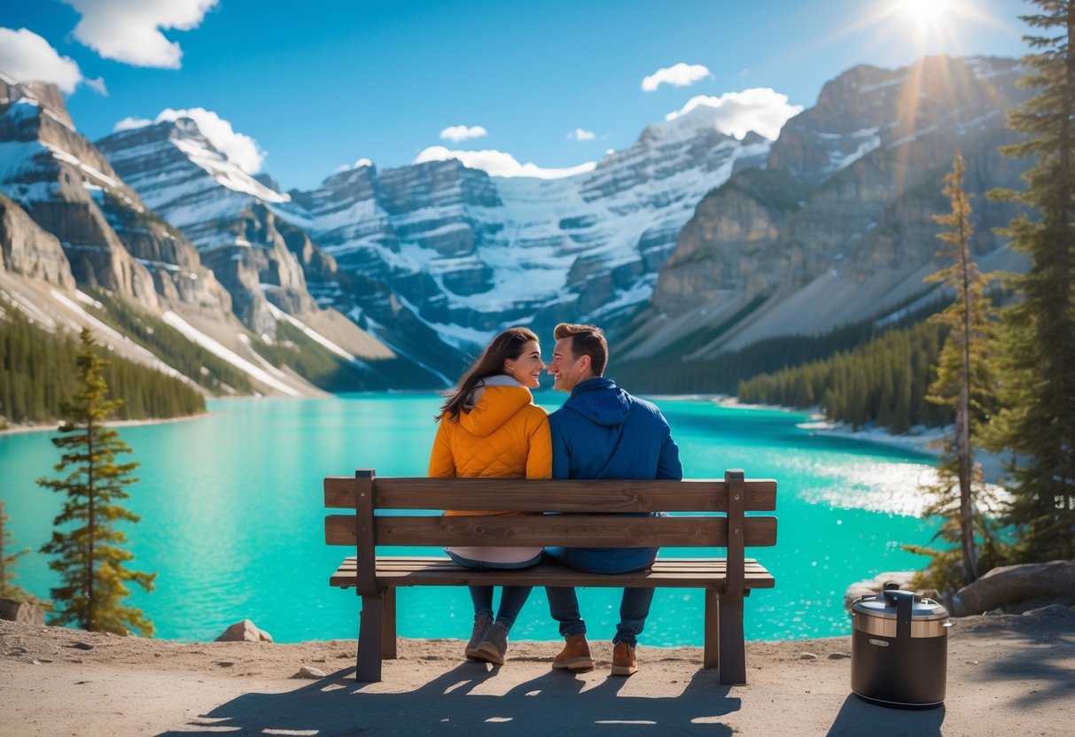 A couple sitting on a bench by a turquoise lake surrounded by mountains and trees in Banff National Park.