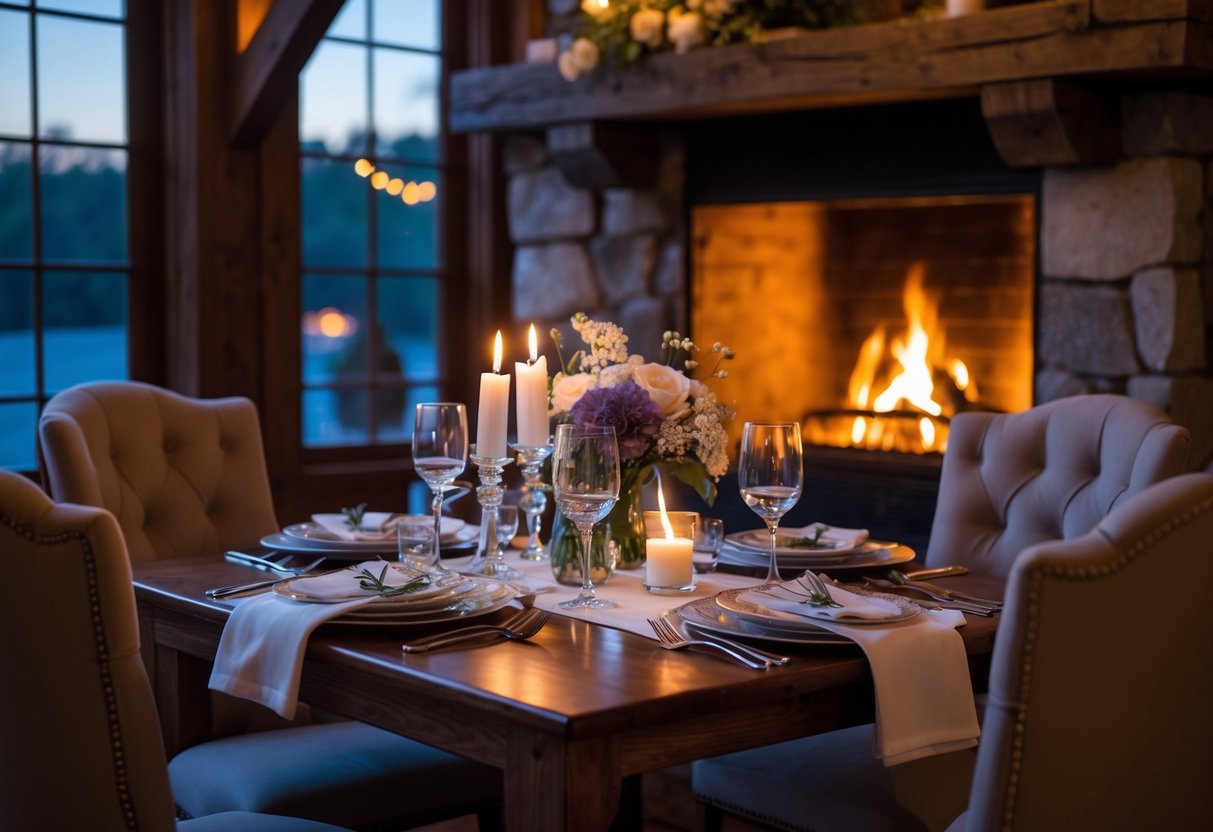 A romantic dinner setup for two by a stone fireplace inside an elegant inn.