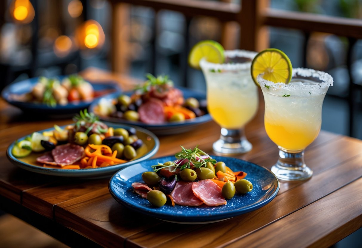 A table with plates of tapas and two margarita glasses in a warmly lit restaurant setting.