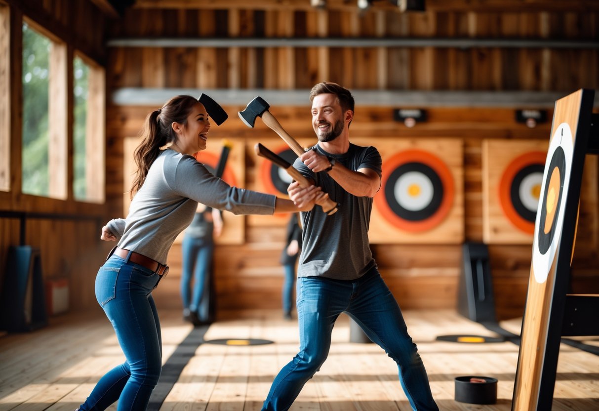 A couple enjoying axe throwing at an indoor venue with wooden walls and target boards.