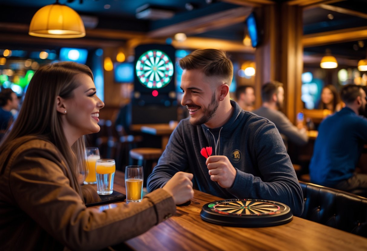 A young couple playing electronic darts together in a cozy pub setting.