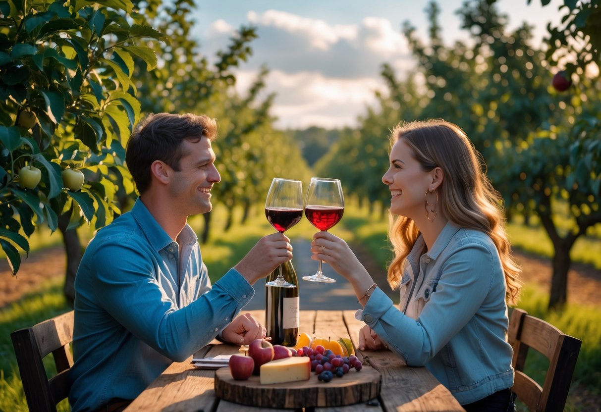 A young couple enjoying wine tasting together at an outdoor orchard table surrounded by apple trees.